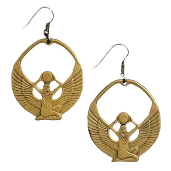 Vintage Art Deco Gold Brass Egyptian Goddess Eye Of Isis Deity Earrings - Picture 1 of 13